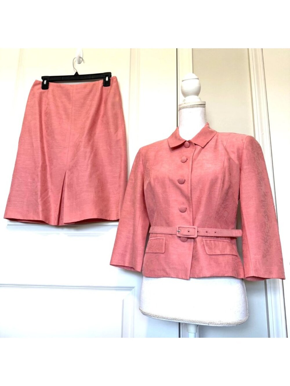 Talbots Petite Pink Skirt & Blazer Set With Size 8 P Suit Belt Silk Linen Blend